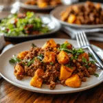 Family dinner with ground meat and sweet potatoes