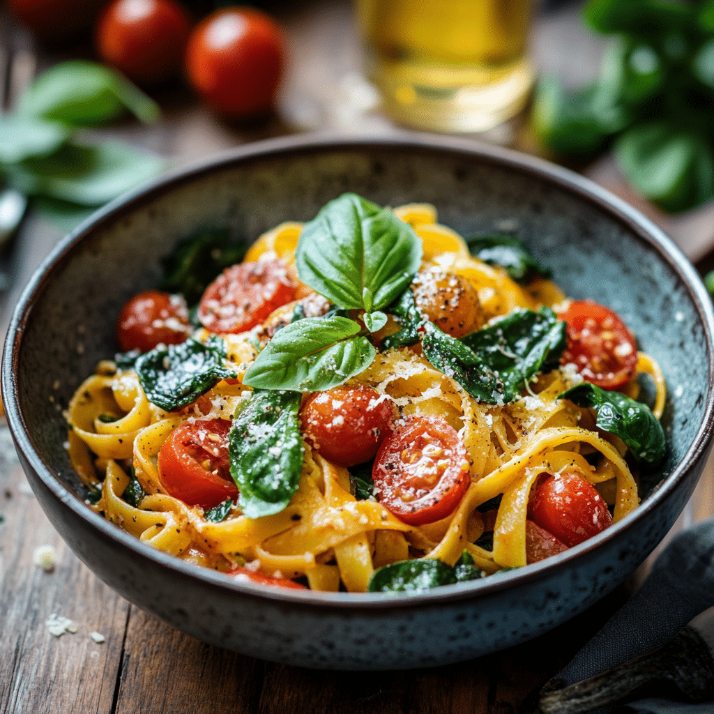 spinach cherry tomato pasta featured