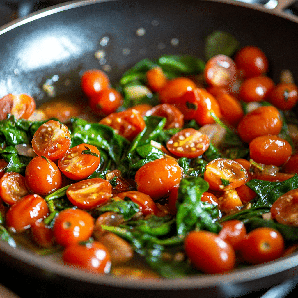 cooking spinach cherry tomato pasta