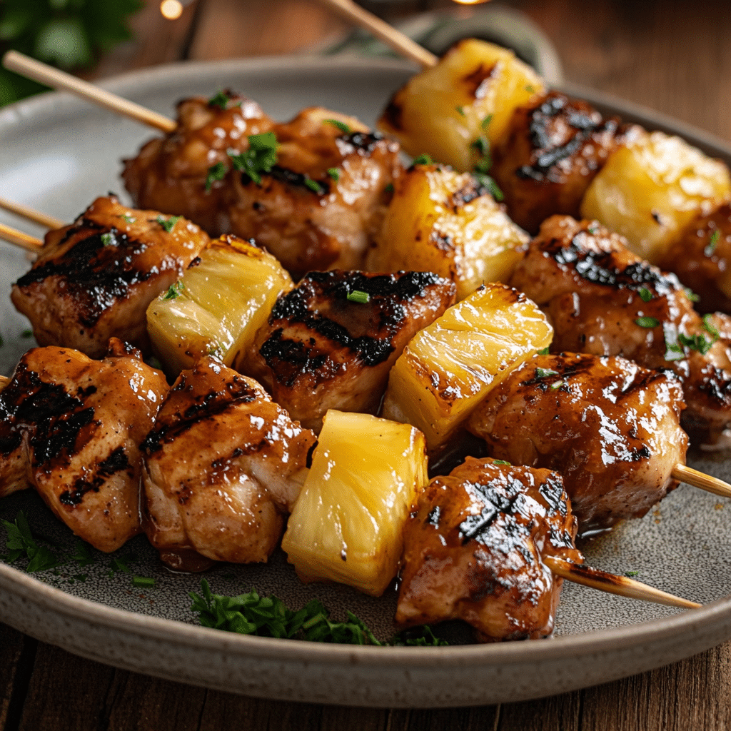 BBQ pineapple chicken skewers with grilled pineapple