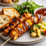 Served BBQ pineapple chicken skewers with sides