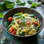 spinach cherry tomato pasta recipe card