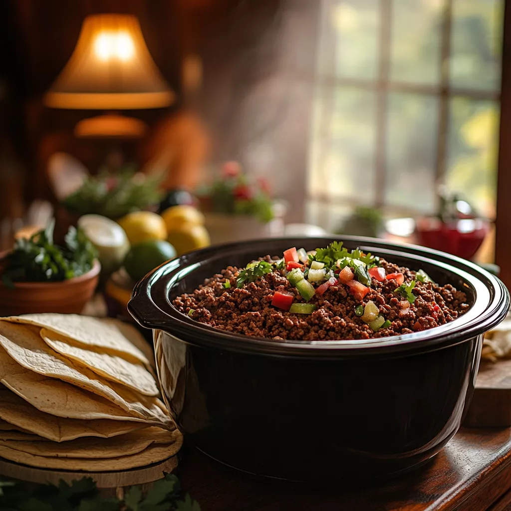 ground beef taco meat crock pot on kitchen counter
