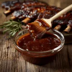 Honey BBQ sauce recipe with BBQ sauce in bowl with ribs