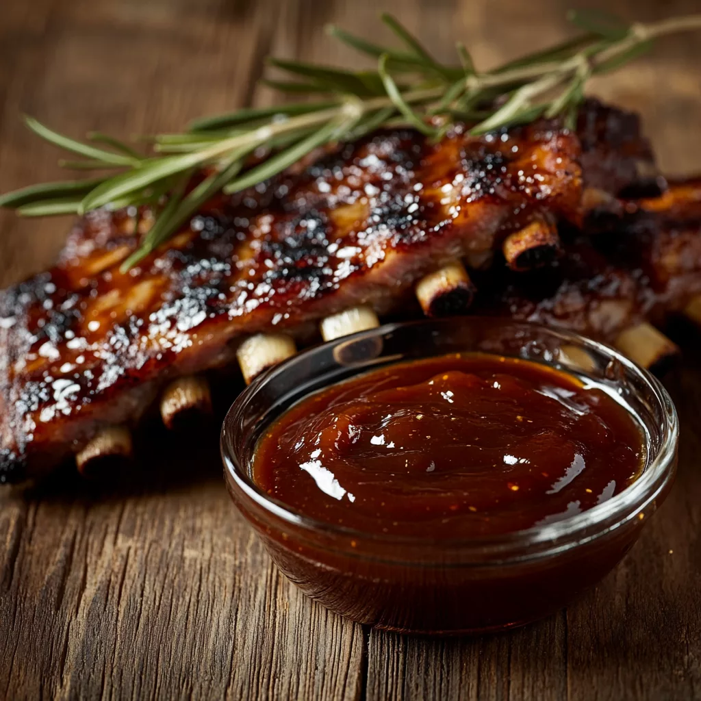 Honey BBQ sauce recipe with BBQ sauce in bowl with ribs