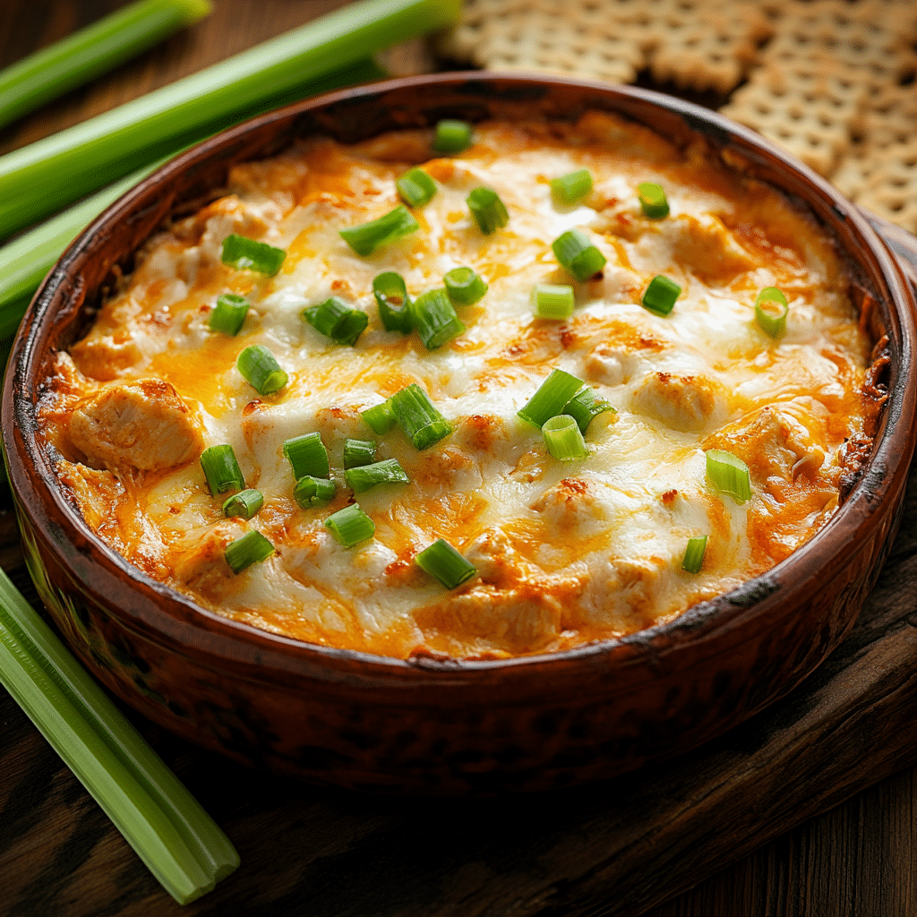 Buffalo chicken dip with cottage cheese in rustic dish