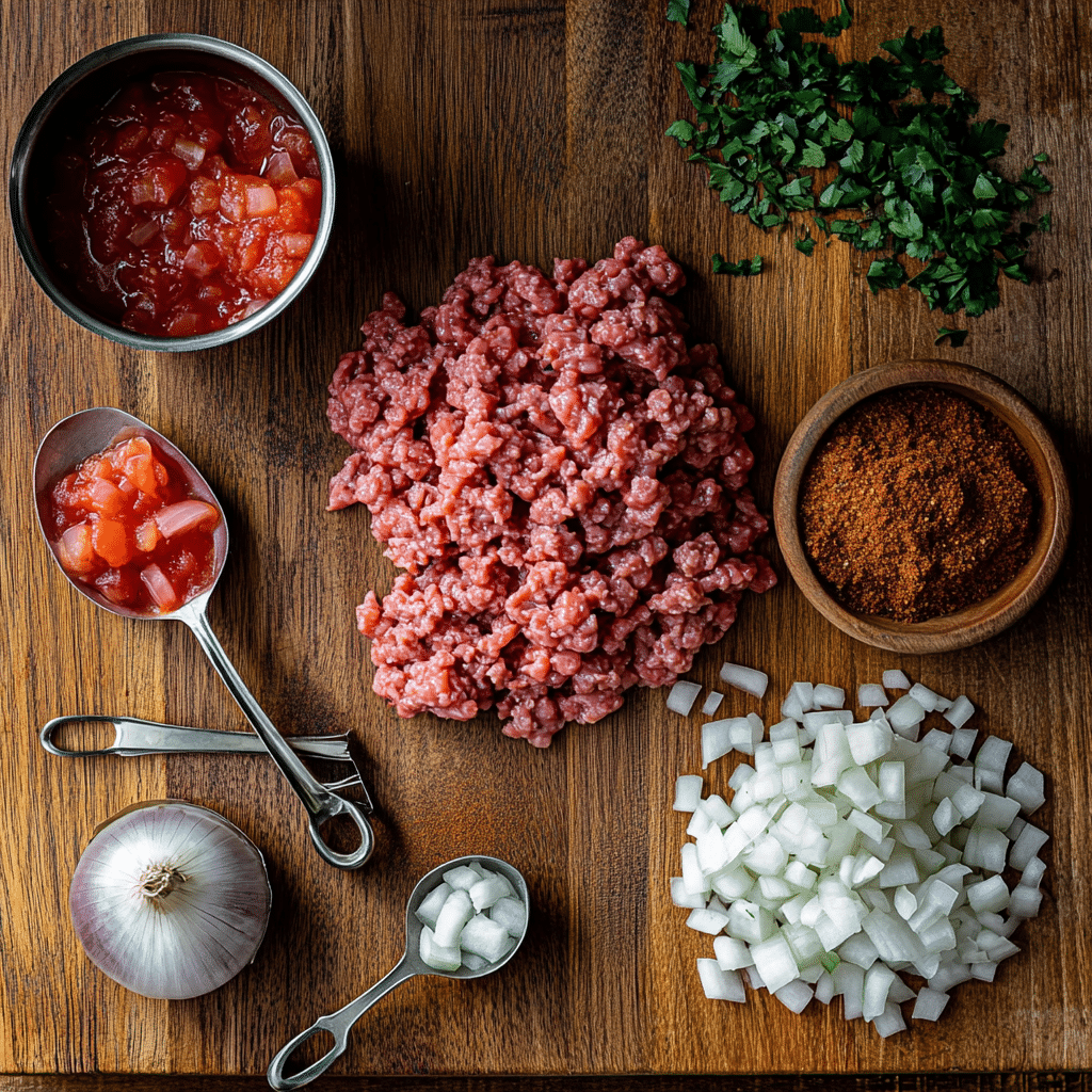 crock pot taco meat ingredients on wooden table