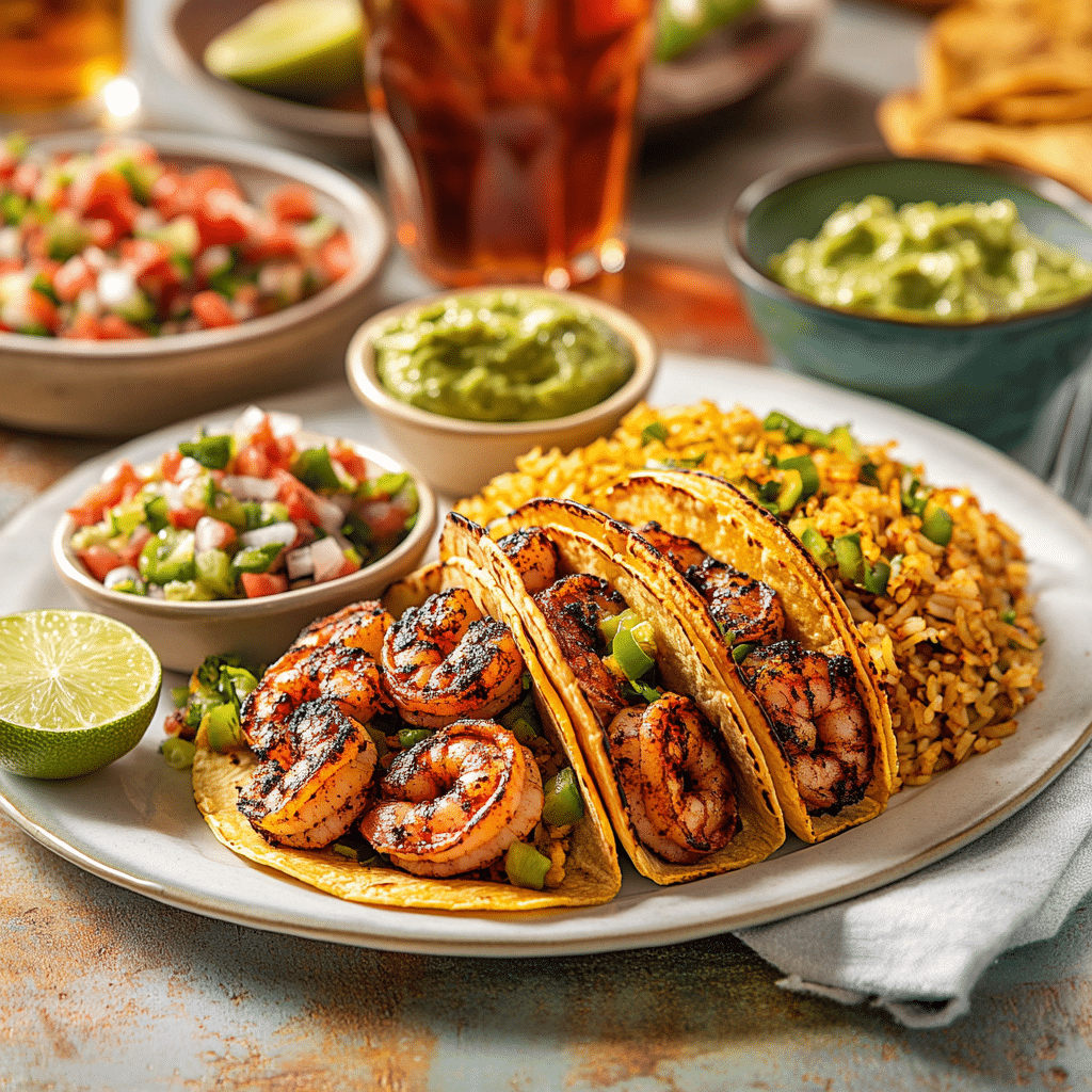 served blackened shrimp tacos with sides