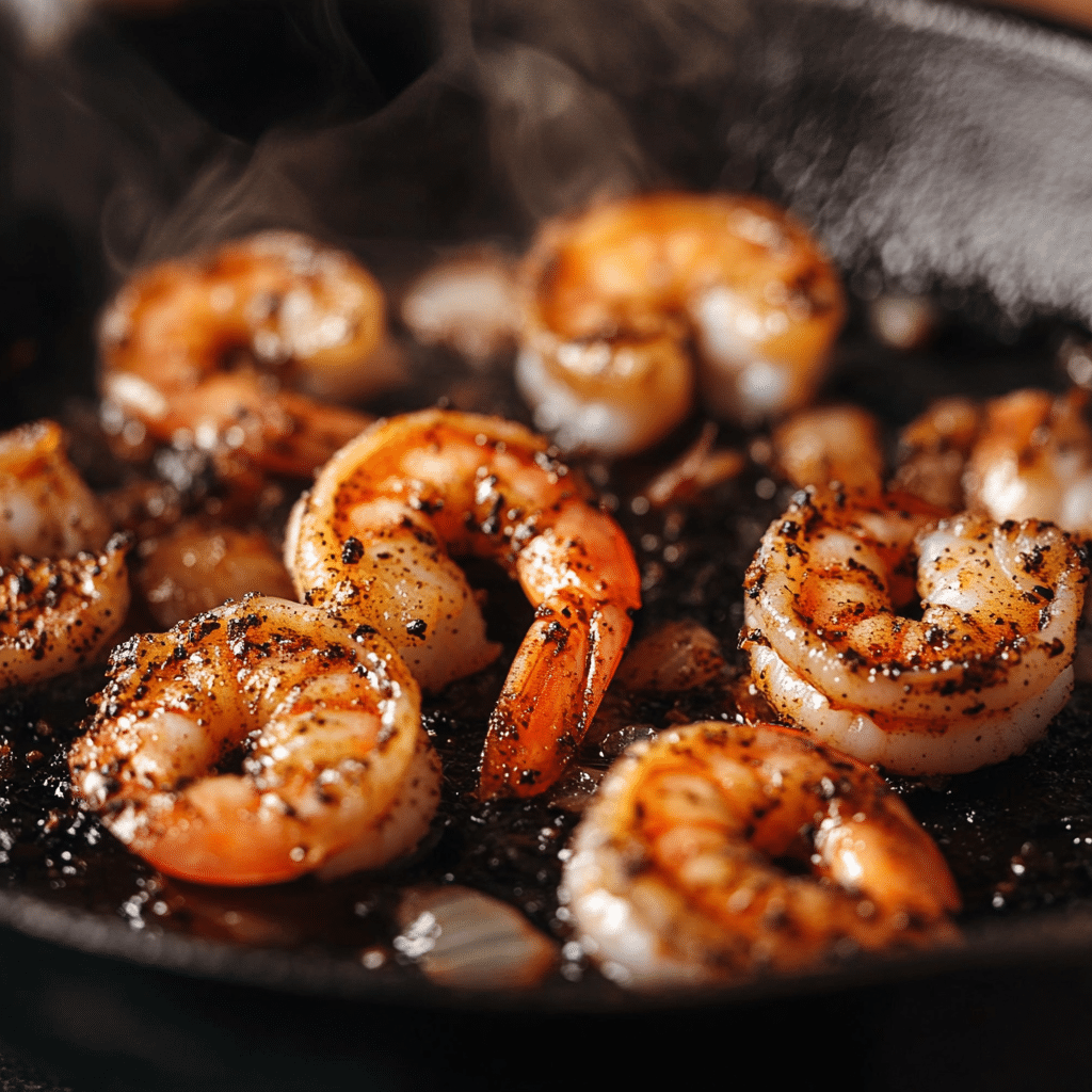 shrimp cooking in cast-iron skillet