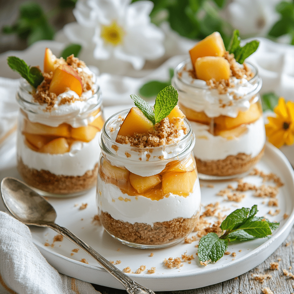 no-bake peach cheesecake jars on rustic table