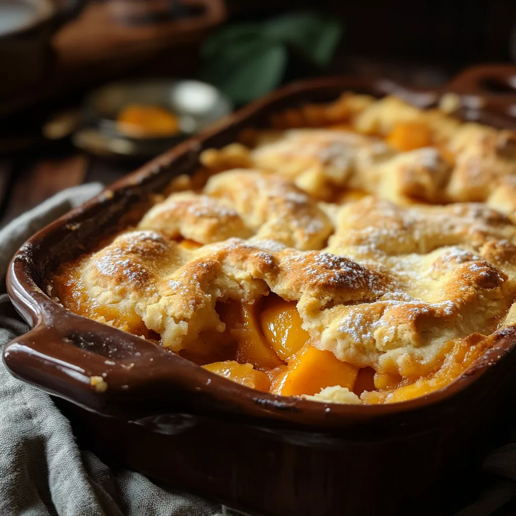 3-ingredient peach cobbler in rustic baking dish