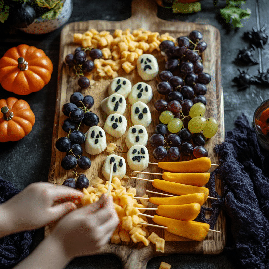 Assembling a Halloween snack board for kids