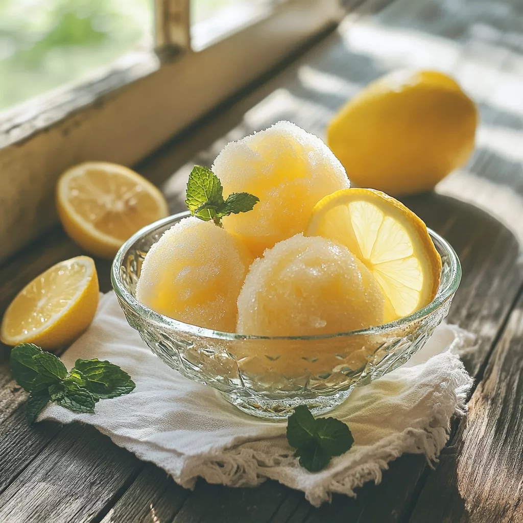 Italian ice lemon in glass bowl with lemon slices