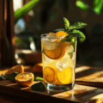 Final calamansi drink next to printable recipe card