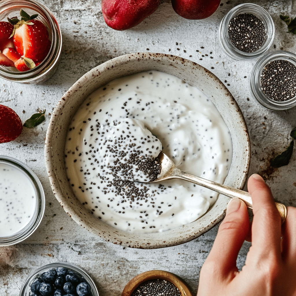 Mixing Greek yogurt and chia seeds