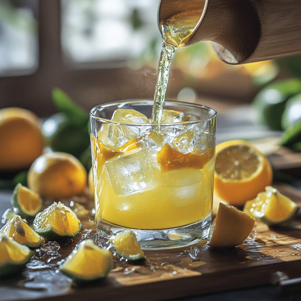Pouring calamansi drink recipe into ice-filled glass