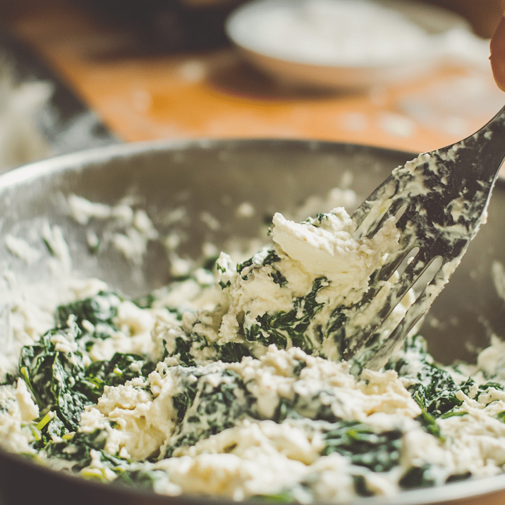 mixing spinach and ricotta cheese filling