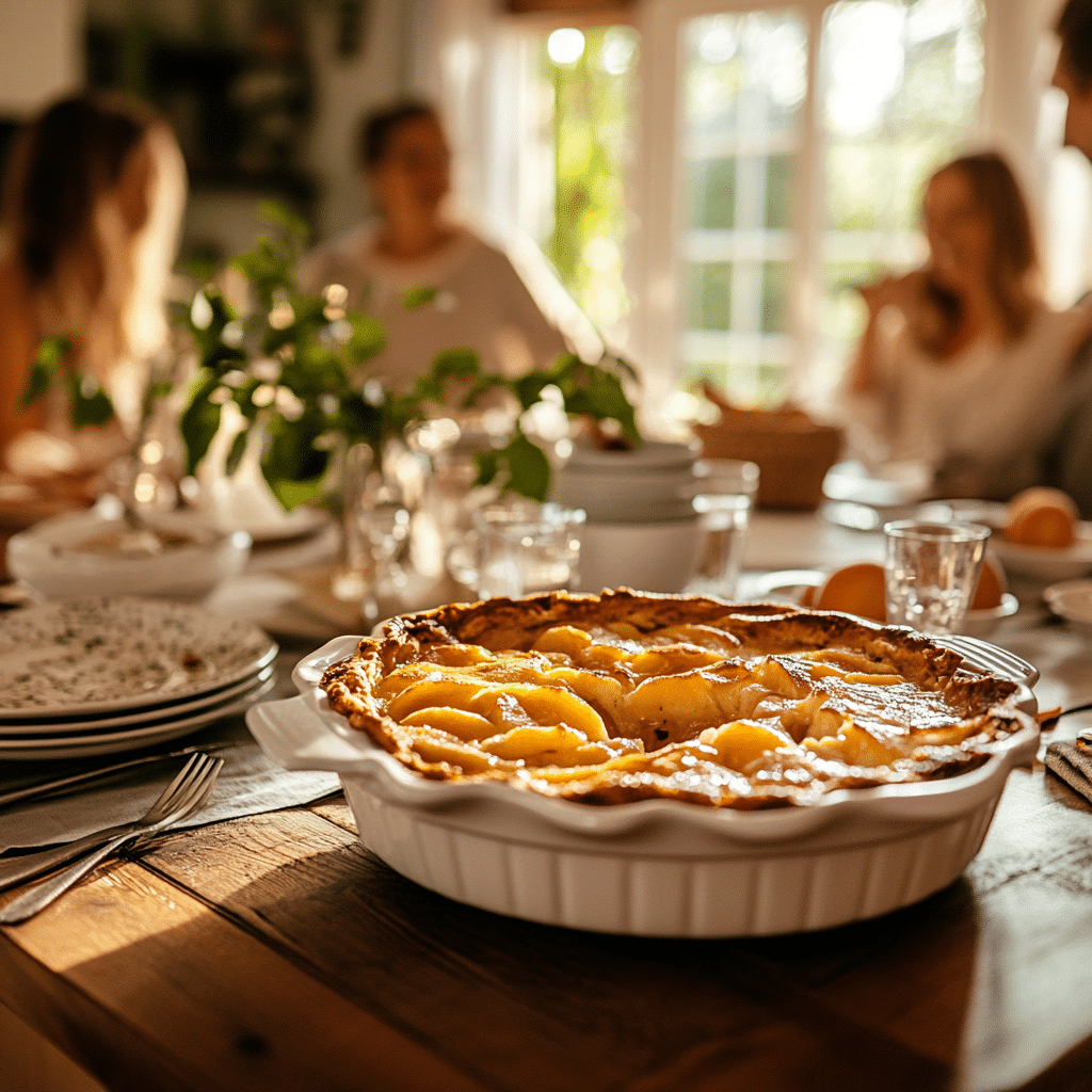family enjoying 3-ingredient peach cobbler together