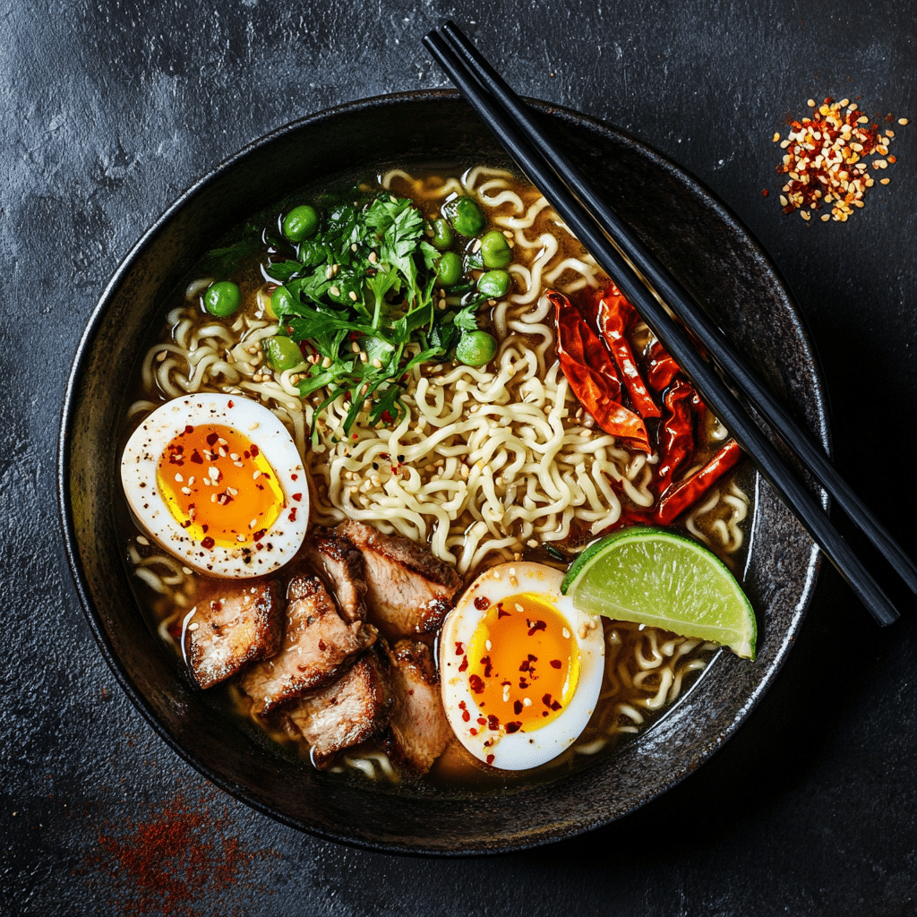 Plated spicy chicken noodle ramen with garnish and chili oil