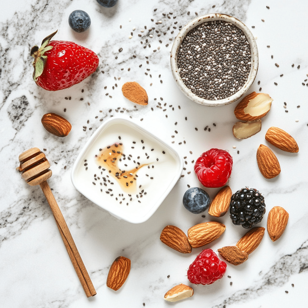 ingredients for Greek yogurt chia bowl