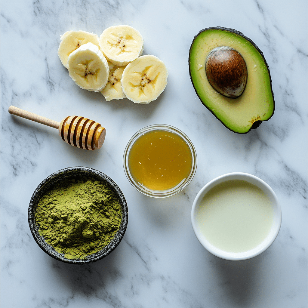 avocado matcha smoothie ingredients layout