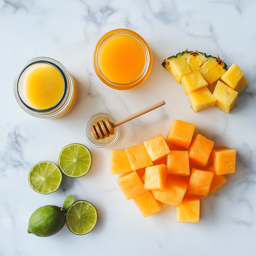Ingredients for papaya juice drink recipes laid out on marble