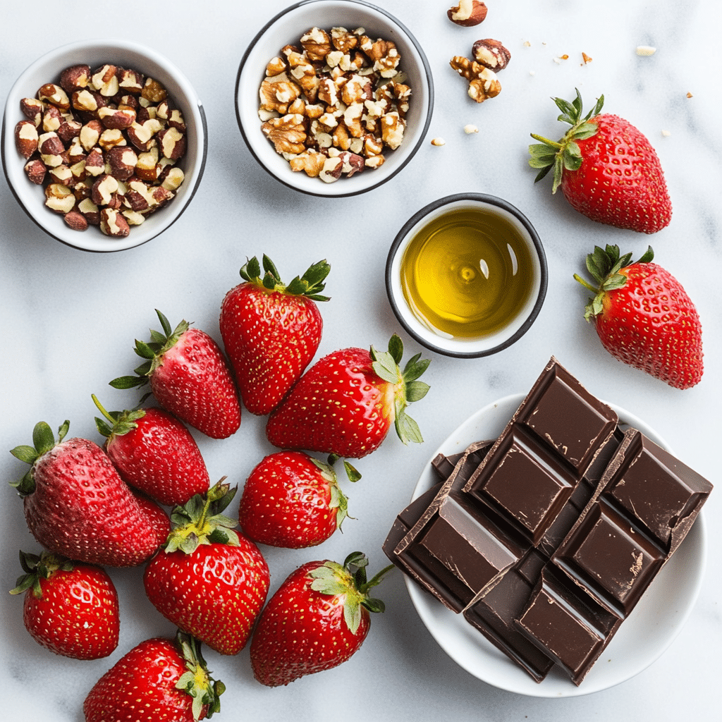 ingredients for chocolate bar strawberries on marble