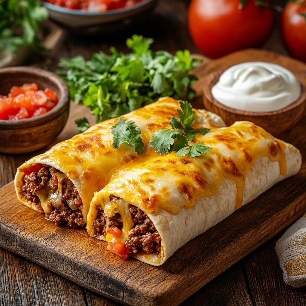 easy ground beef burritos on cutting board