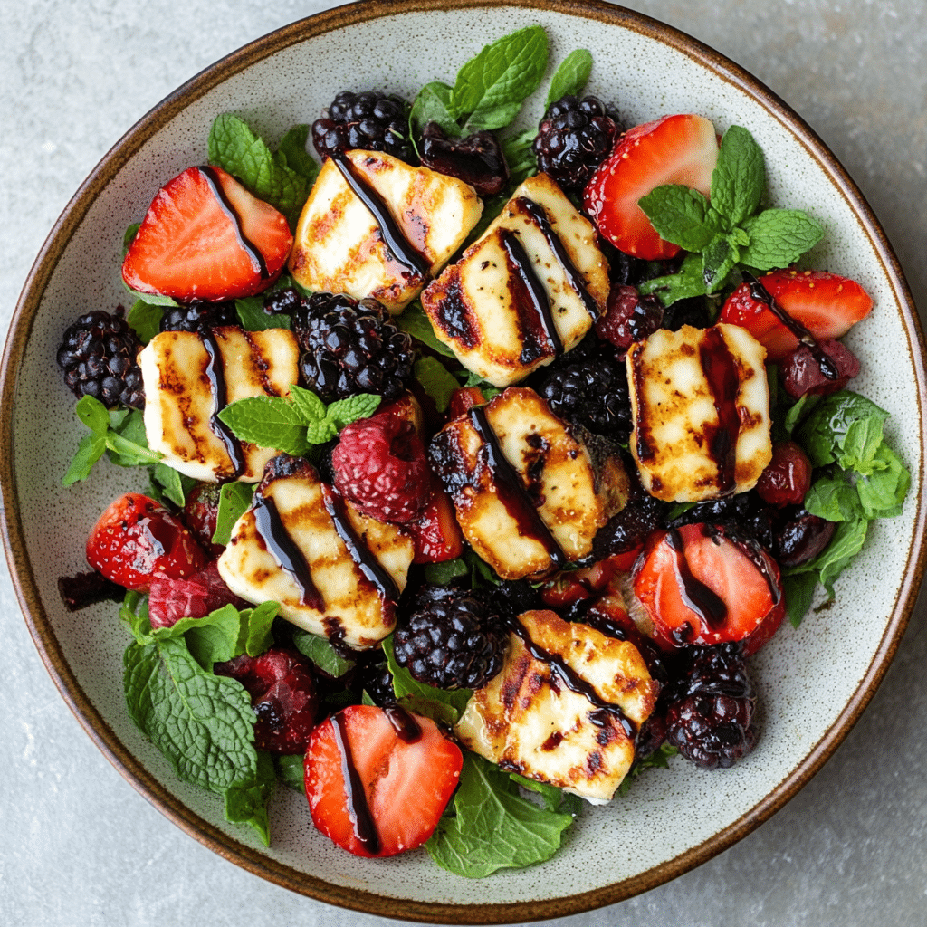 plated grilled halloumi salad with berries