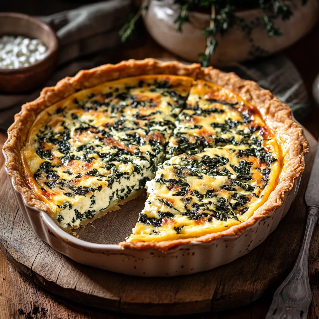 spinach quiche with cottage cheese in pie dish
