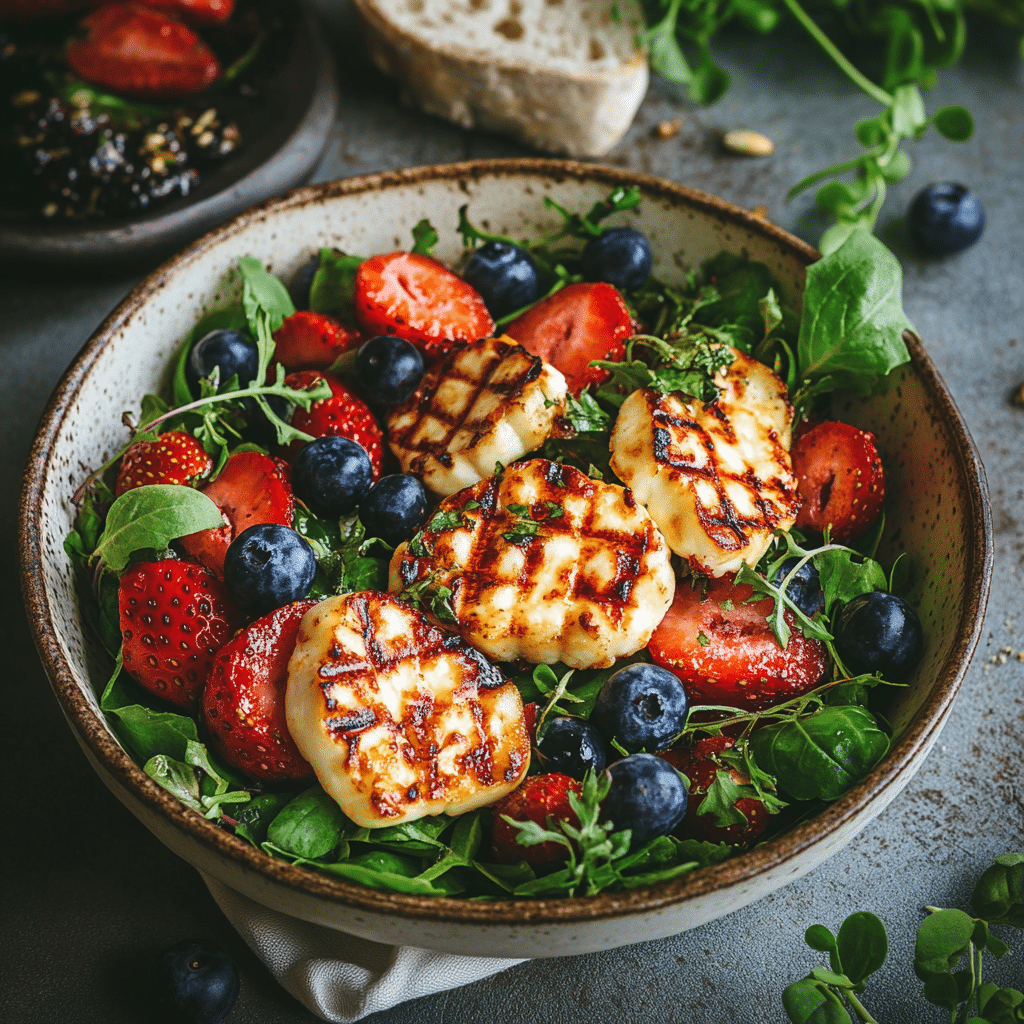 grilled halloumi salad with berries