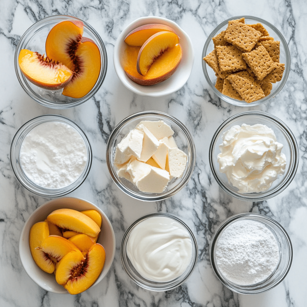 ingredients for no-bake peach cheesecake jars