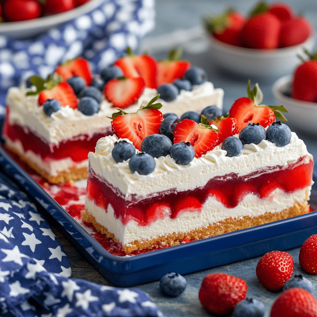 red white and blue poke cake in tray with berries
