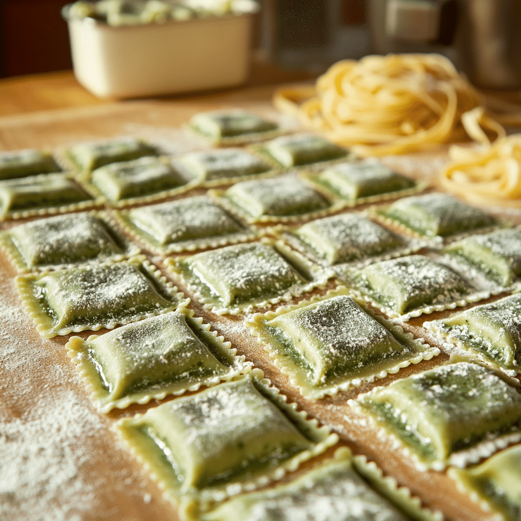 uncooked ricotta cheese and spinach ravioli