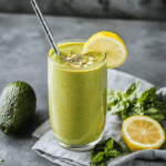avocado matcha smoothie recipe card with drink
