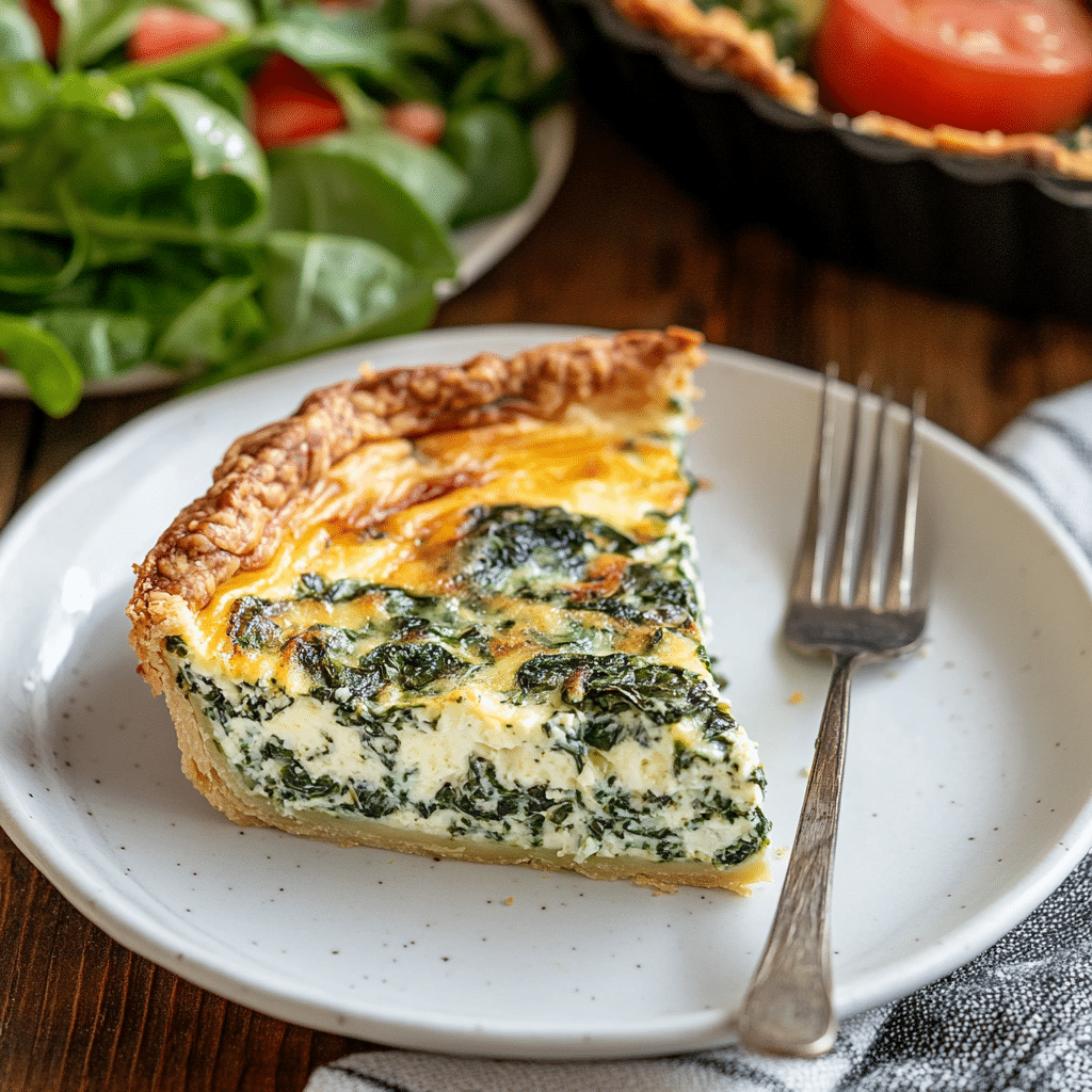 slice of spinach quiche with cottage cheese served