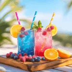 Summer skies drink recipe served on tray with berries and straws