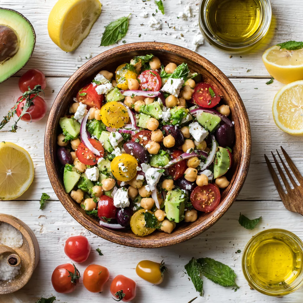 Chickpea feta avocado salad with summer ingredients