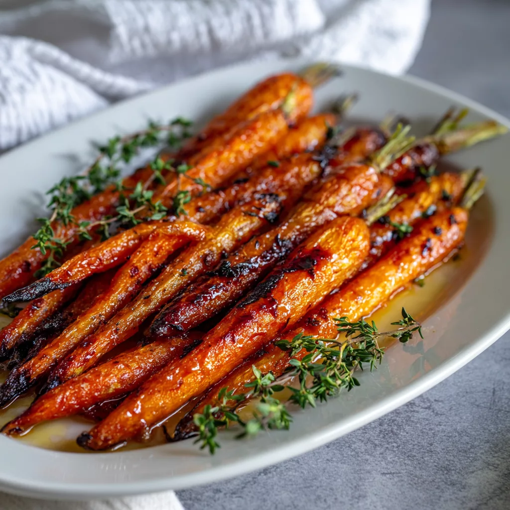 Honey glazed roasted carrots garnished with fresh thyme