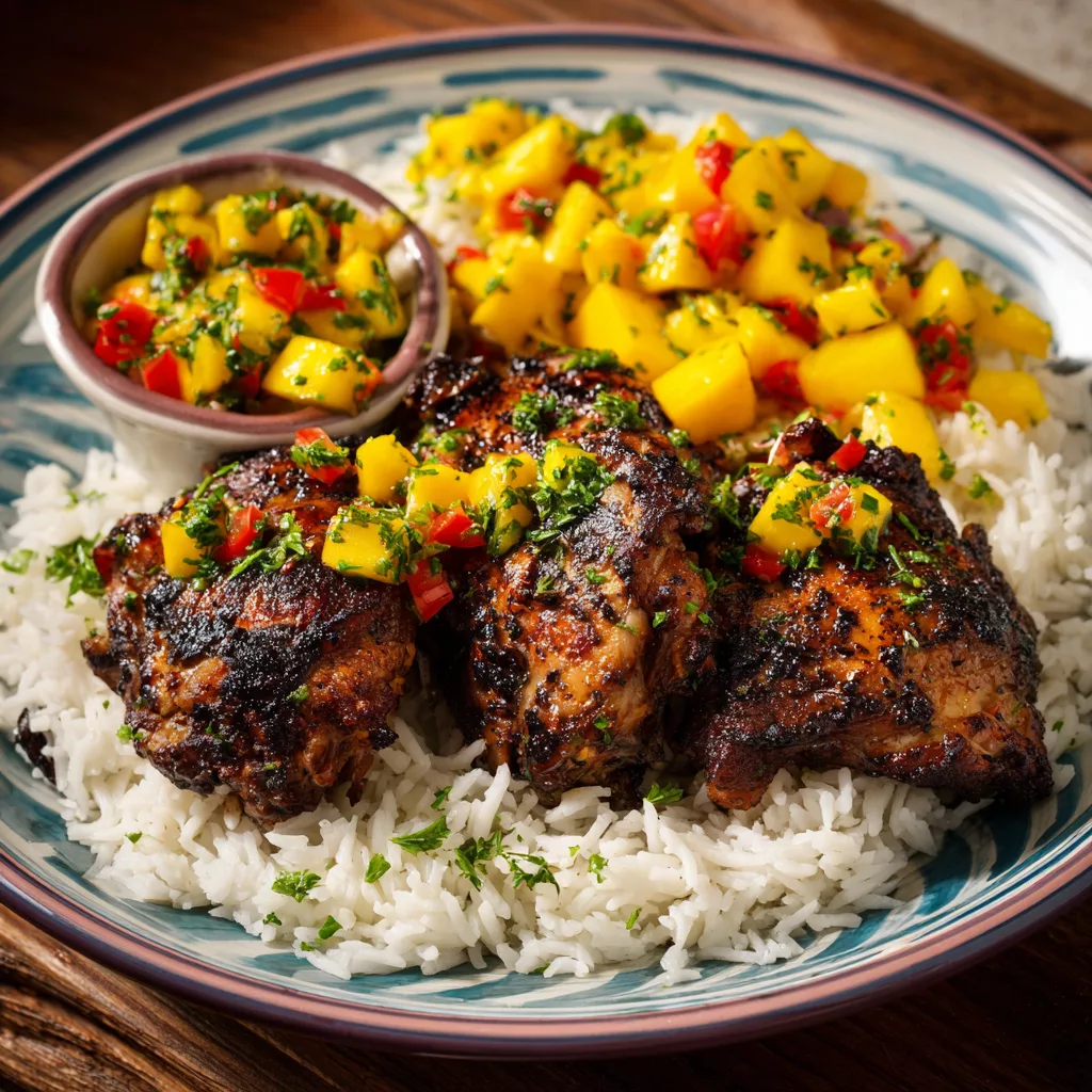 Jamaican jerk chicken with coconut rice and mango salsa on plate.