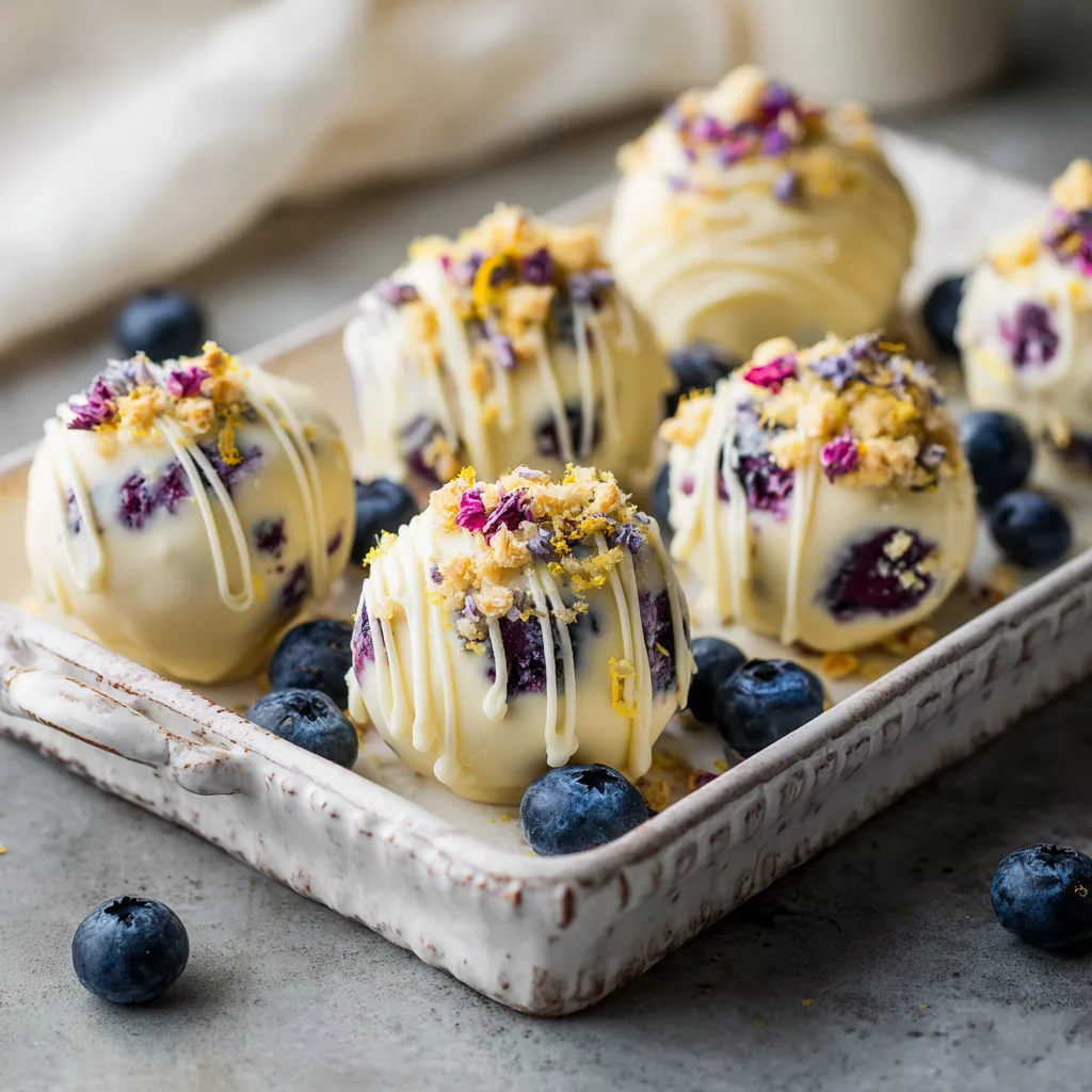 Lemon Blueberry Cheesecake Truffles creamy no-bake bites with tangy lemon and sweet fruit coated in smooth white chocolate.