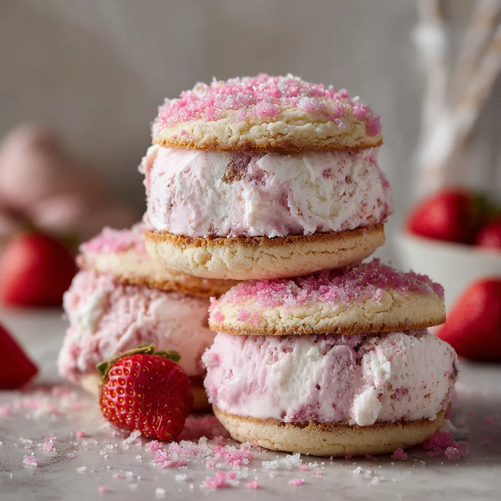 Strawberry Shortcake Crumble Ice Cream Sandwiches – Soft Cookies + Creamy Filling