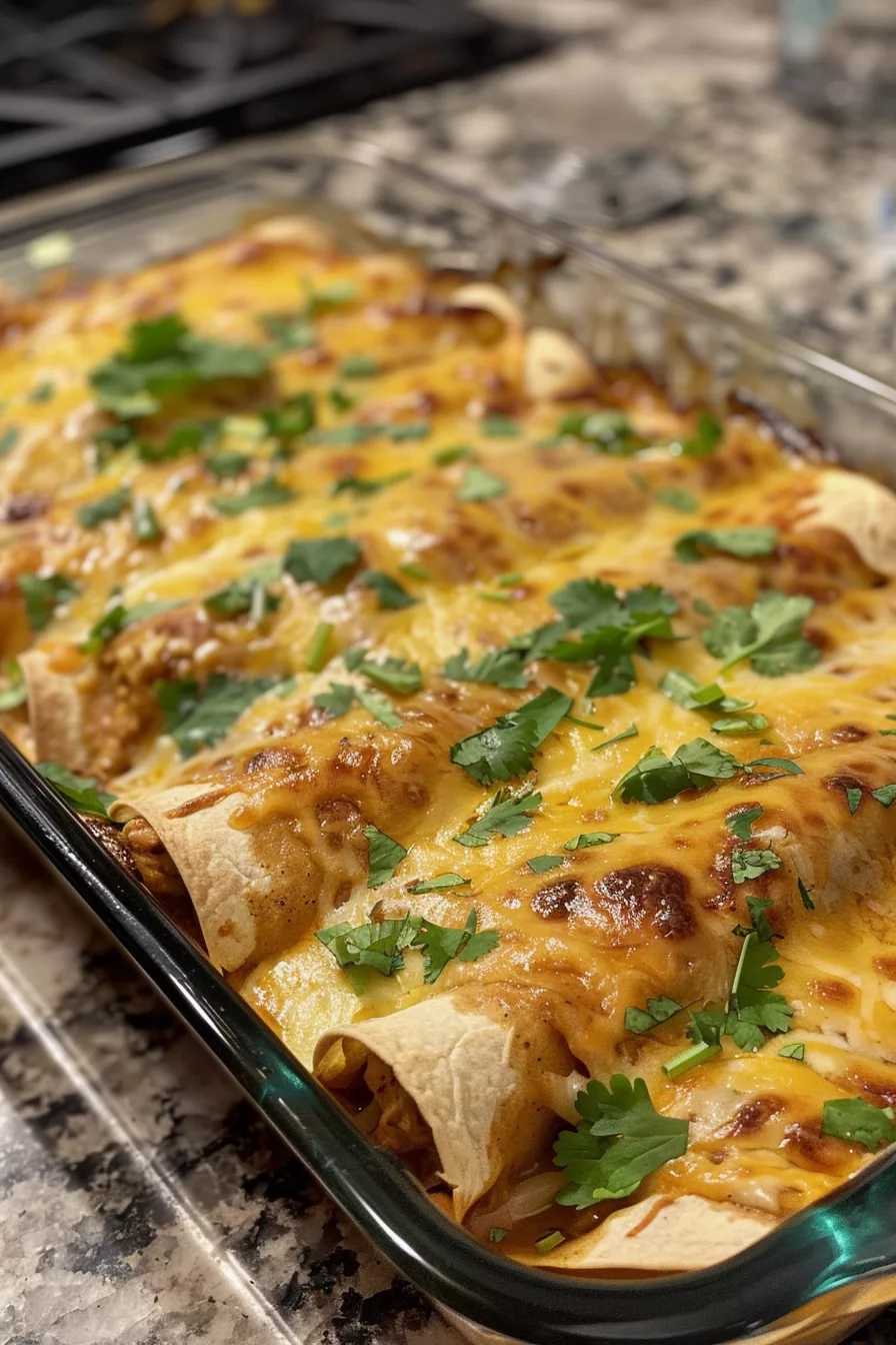 Golden-brown enchiladas with melted cheese, avocado, and lime wedges on the side