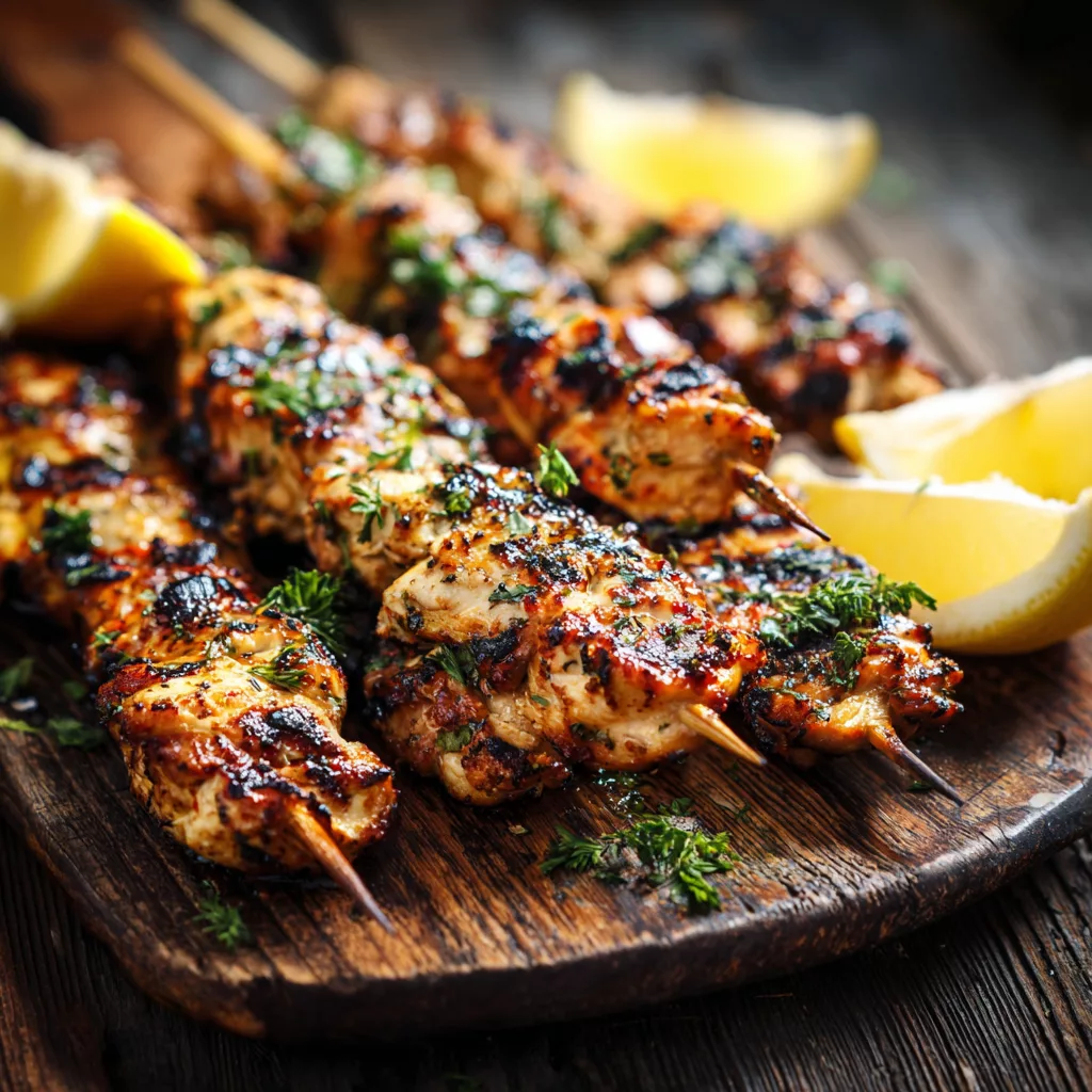 Grilled Chicken Skewers are juicy chicken kabobs seasoned and cooked until tender and slightly charred.
